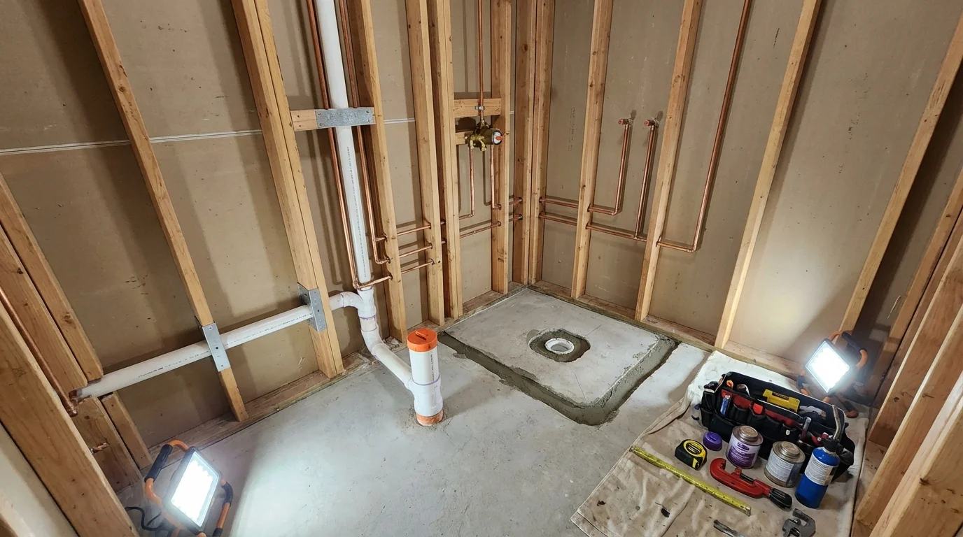 Bathroom rough-in plumbing during remodel by Johns Plumbing LLC in Tubac