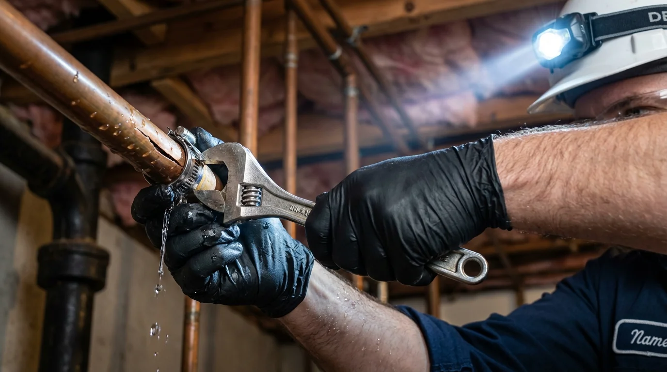 Emergency pipe clamp repair being performed by a Johns Plumbing LLC plumber in Tubac