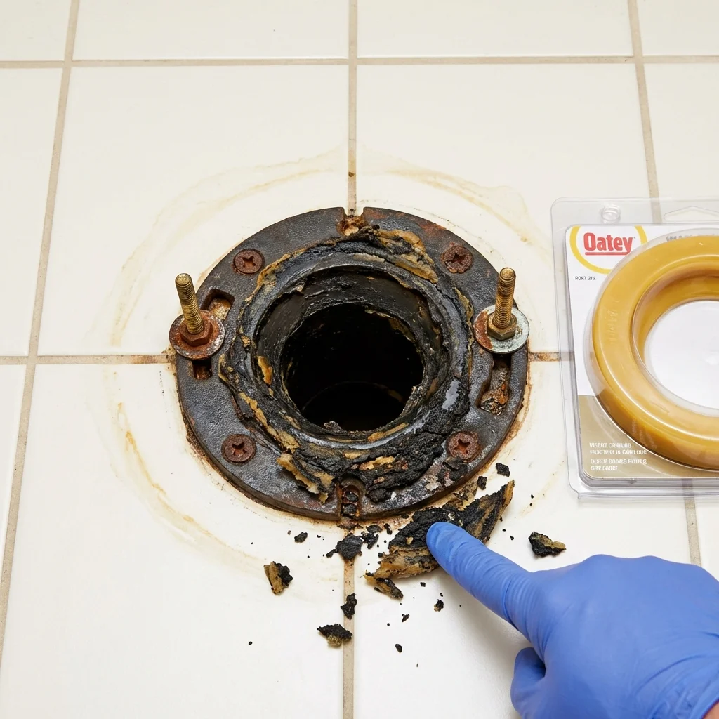 Failed wax ring showing water seepage at the base of a toilet in a Tubac, AZ home