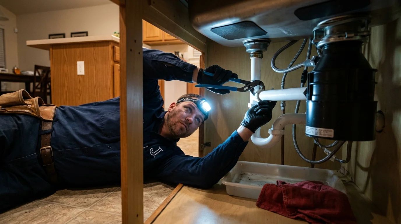 P-trap and supply line connections under a kitchen sink showing a common leak point in Tubac, AZ